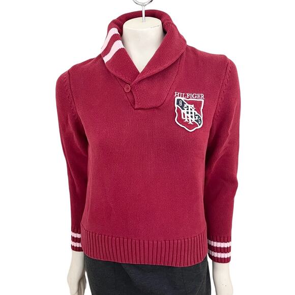 VTG TOMMY HILFIGER Crest Patch Collegiate Sweater in Red  Y2K  SZ XS - Picture 12 of 12